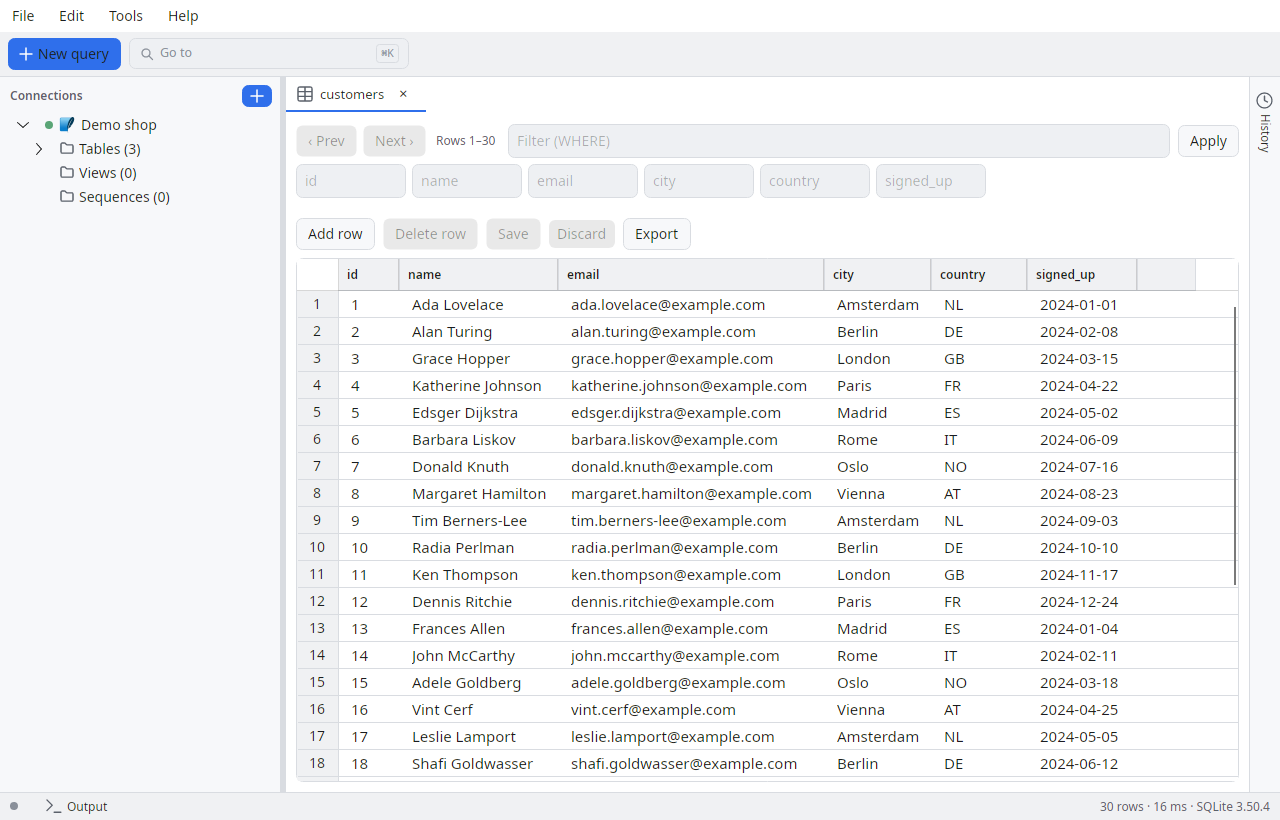 SQL Explorer main window: a connections tree on the left and an editable result grid of customer records