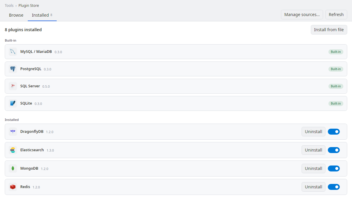 SQL Explorer Plugin Store on the Installed tab: four built-in engines and four installed from the Store, each with its version